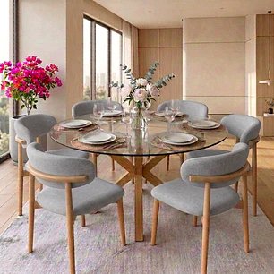 Comedor Mesa Asgard redonda vidrio 120 cm con 6 Sillas Arpi Sky Lino