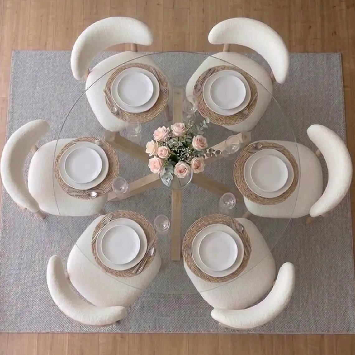 Comedor Mesa Asgard redonda vidrio 120 cm con 6 Sillas Arpi Sky Lino 3