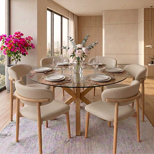 Comedor Mesa Asgard redonda vidrio 120 cm con 6 Sillas Arpi Sky Lino