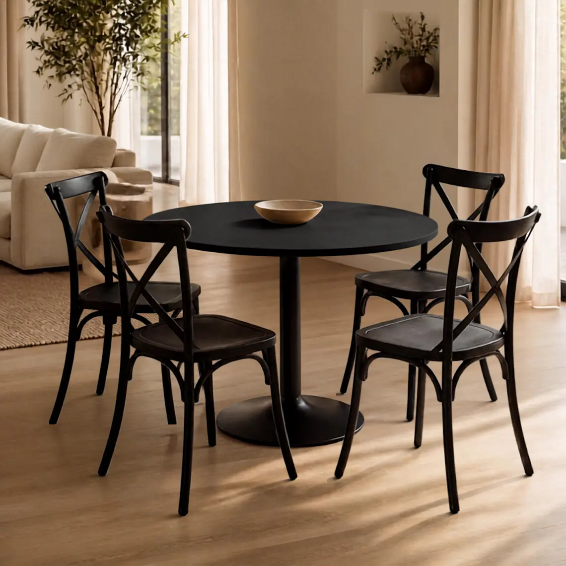 Comedor Mesa Reuniones Negra redonda 100 cm con 4 Sillas Crossback Danubio  1