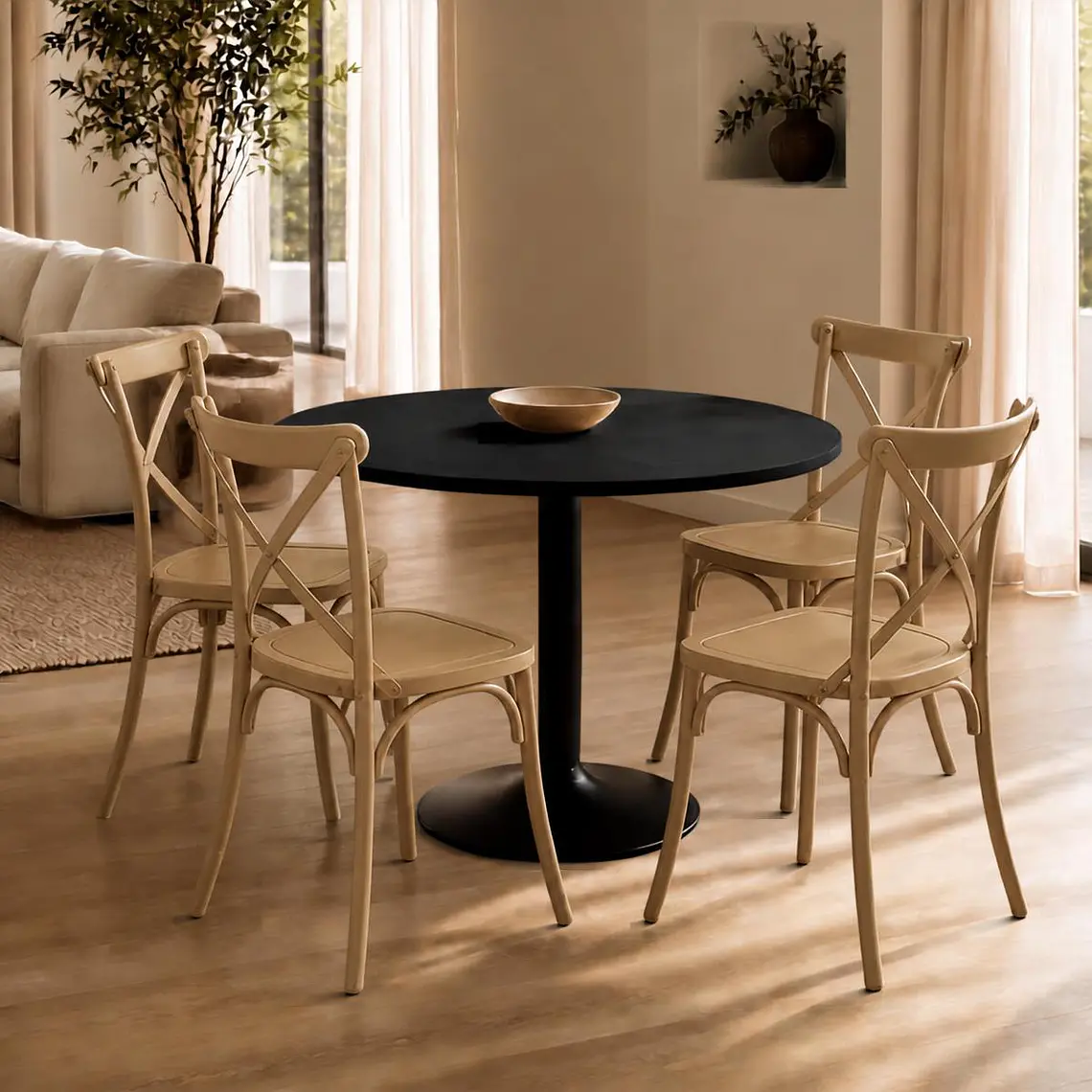 Comedor Mesa Reuniones Negra redonda 100 cm con 4 Sillas Crossback Danubio  2