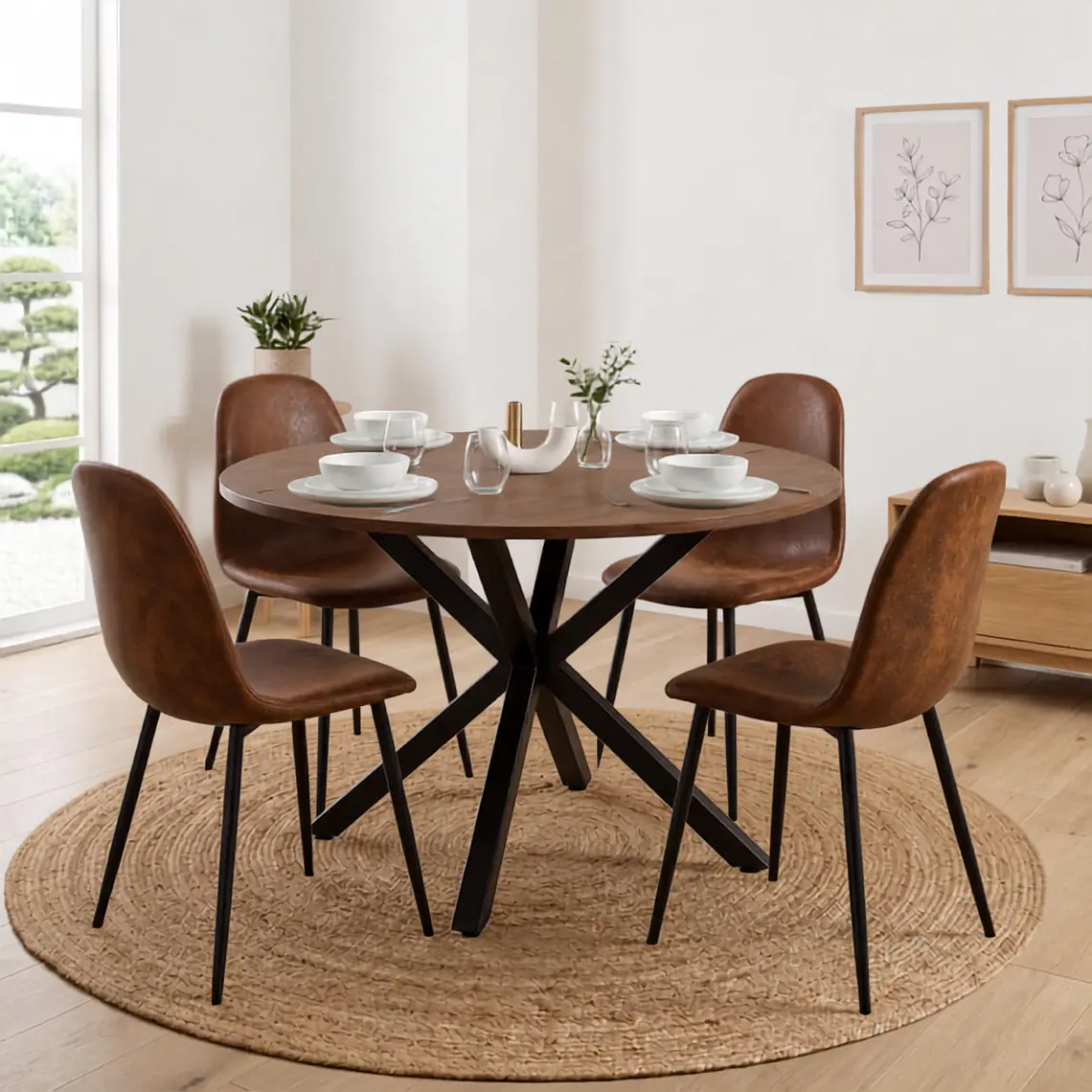 Comedor Mesa Asgard Rustik Black redondo 100 cm con 4 Sillas Spoon Ecocuero vintage café oscuro 1