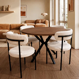 Comedor Mesa Asgard Rustik Black redondo 100 cm con 4 Sillas Arpi Bouclé Black - Crema