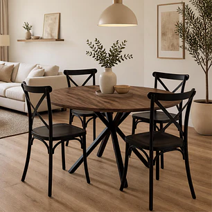 Comedor Mesa Asgard Rustik Black redonda 100 cm con 4 Sillas Crossback Danubio - Polipropileno