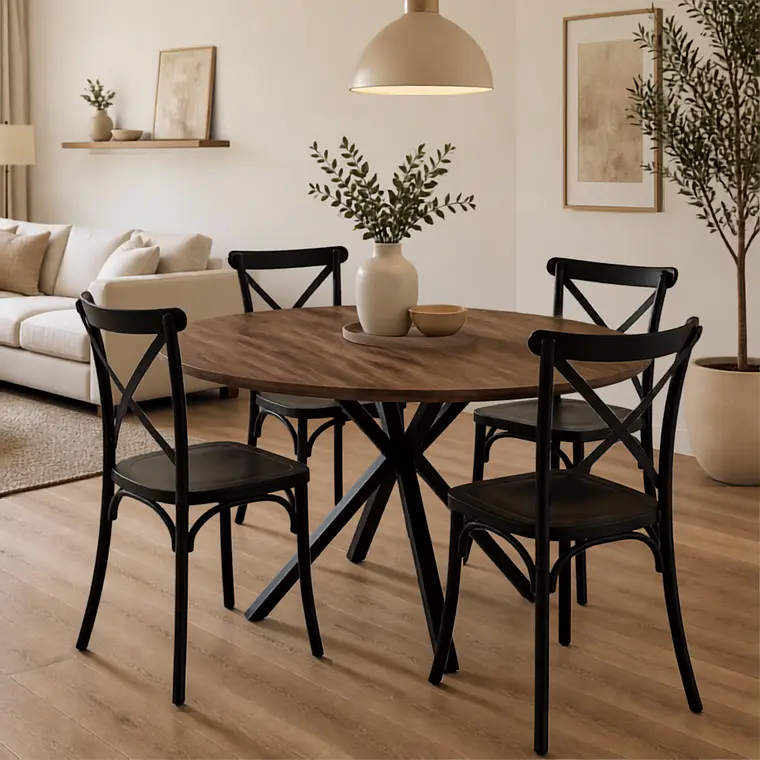 Comedor Mesa Asgard Rustik Black redonda 100 cm con 4 Sillas Crossback Danubio - Polipropileno 1