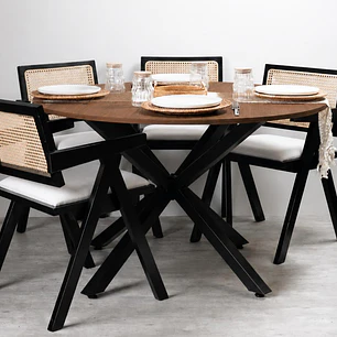 Comedor Mesa Asgard Rustik Black redondo 100 cm con 4 Sillas Chandigarh Acolchadas Lino 