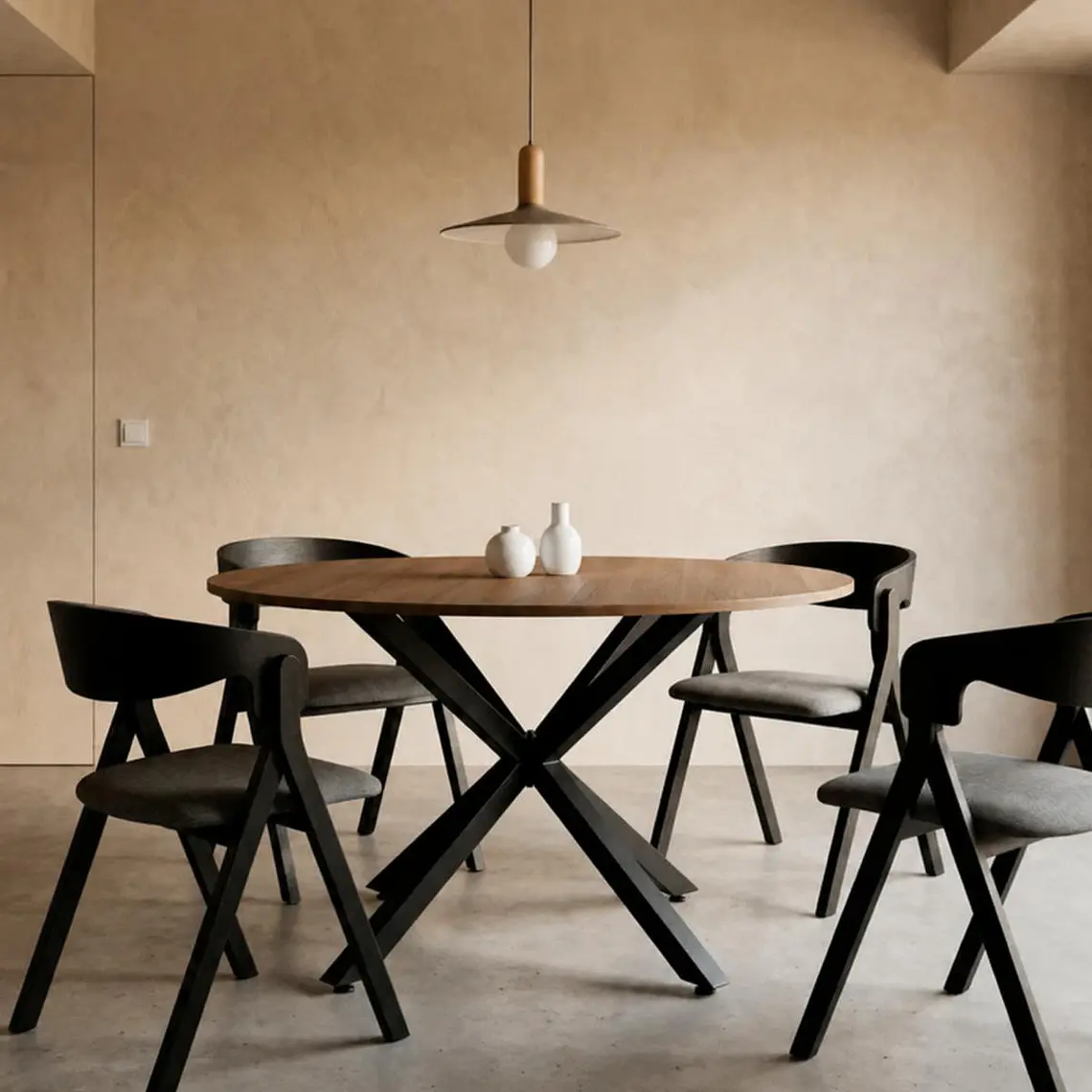 Comedor Mesa Asgard Rustik Black redondo 100 cm con 4 Sillas Ares Acolchadas Negras - Madera y Tela 1