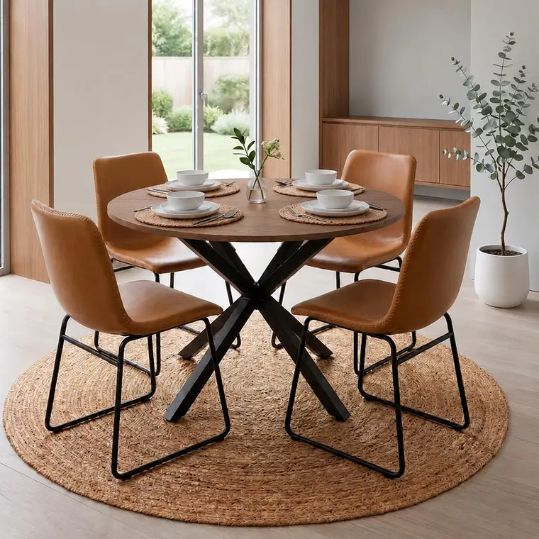Comedor Mesa Asgard Rustik Black redondo 100 cm con 4 Sillas Burgos de Cuero Sintético y Metal Industrial 1