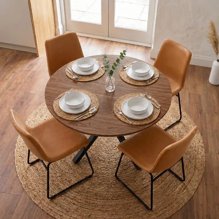Comedor Mesa Asgard Rustik Black redondo 100 cm con 4 Sillas Burgos de Cuero Sintético y Metal Industrial 2
