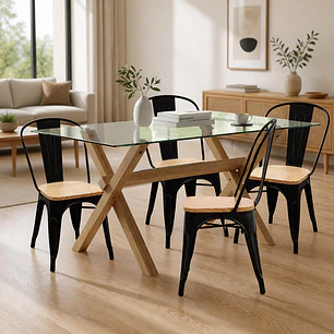 Comedor Mesa rectangular Medlock vidrio 140x90 cm con 4 Sillas Tolix con asiento madera clara