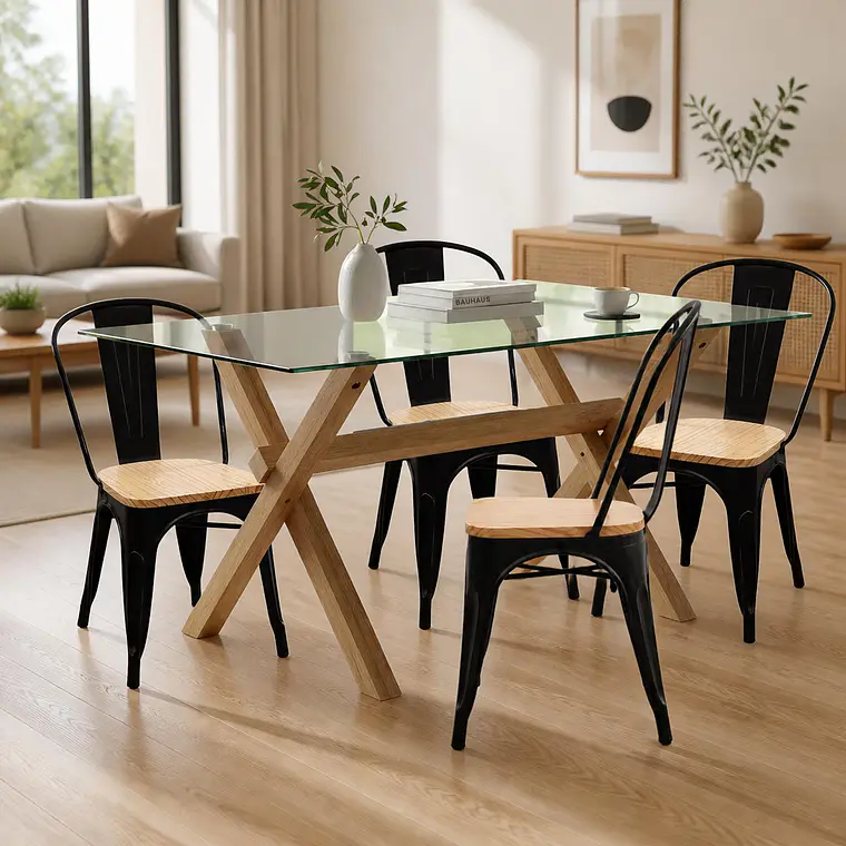 Comedor Mesa rectangular Medlock vidrio 140x90 cm con 4 Sillas Tolix con asiento madera clara 2