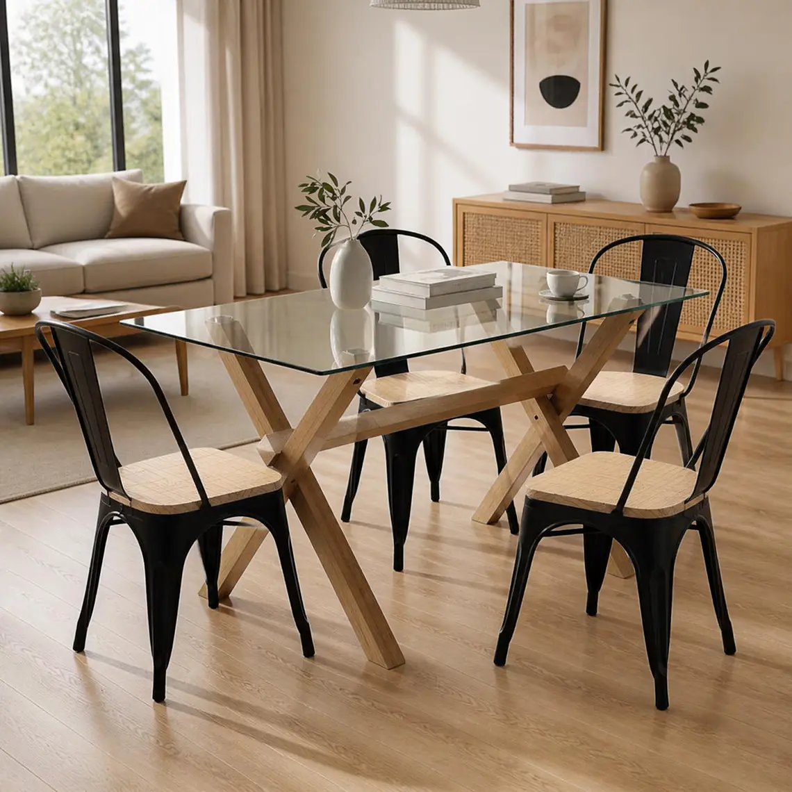 Comedor Mesa rectangular Medlock vidrio 140x90 cm con 4 Sillas Tolix con asiento madera clara 1