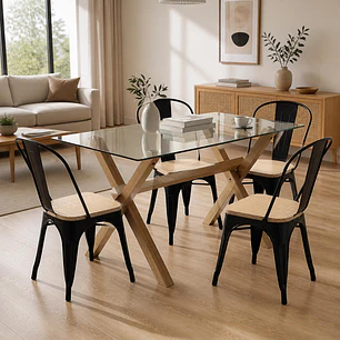 Comedor Mesa rectangular Medlock vidrio 140x90 cm con 4 Sillas Tolix con asiento madera clara