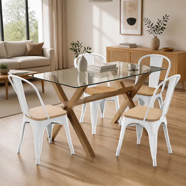 Comedor Mesa rectangular Medlock vidrio 140x90 cm con 4 Sillas Tolix con asiento madera clara 4