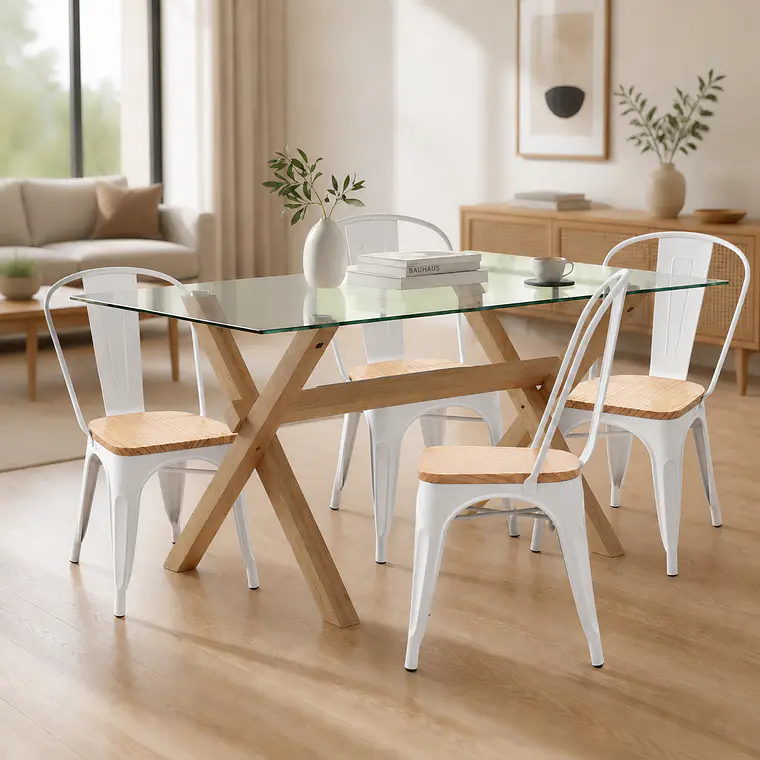 Comedor Mesa rectangular Medlock vidrio 140x90 cm con 4 Sillas Tolix con asiento madera clara 3