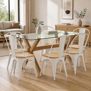 Comedor Mesa rectangular Medlock vidrio 140x90 cm con 6 Sillas Tolix con asiento madera clara