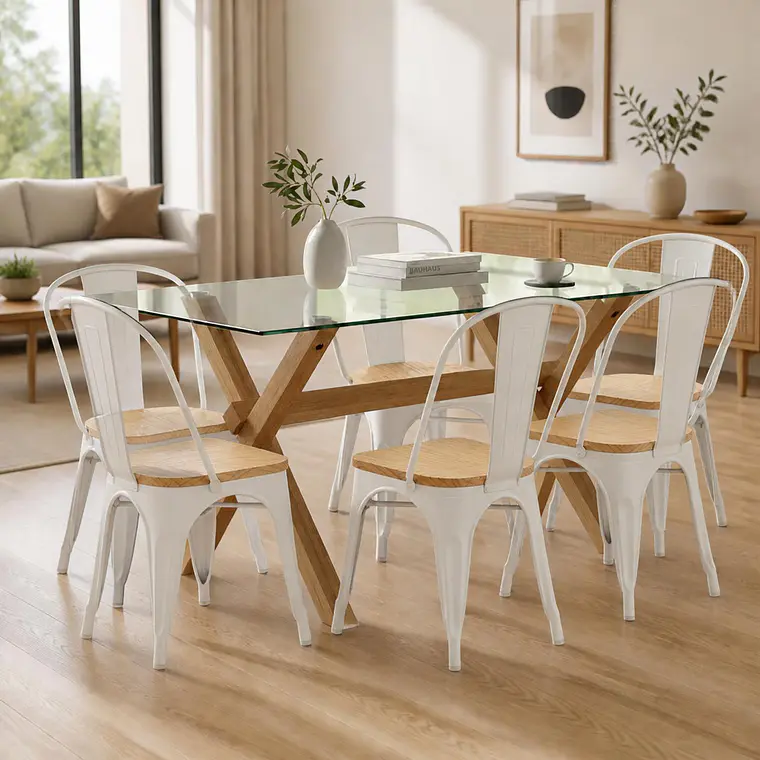 Comedor Mesa rectangular Medlock vidrio 140x90 cm con 6 Sillas Tolix con asiento madera clara 2