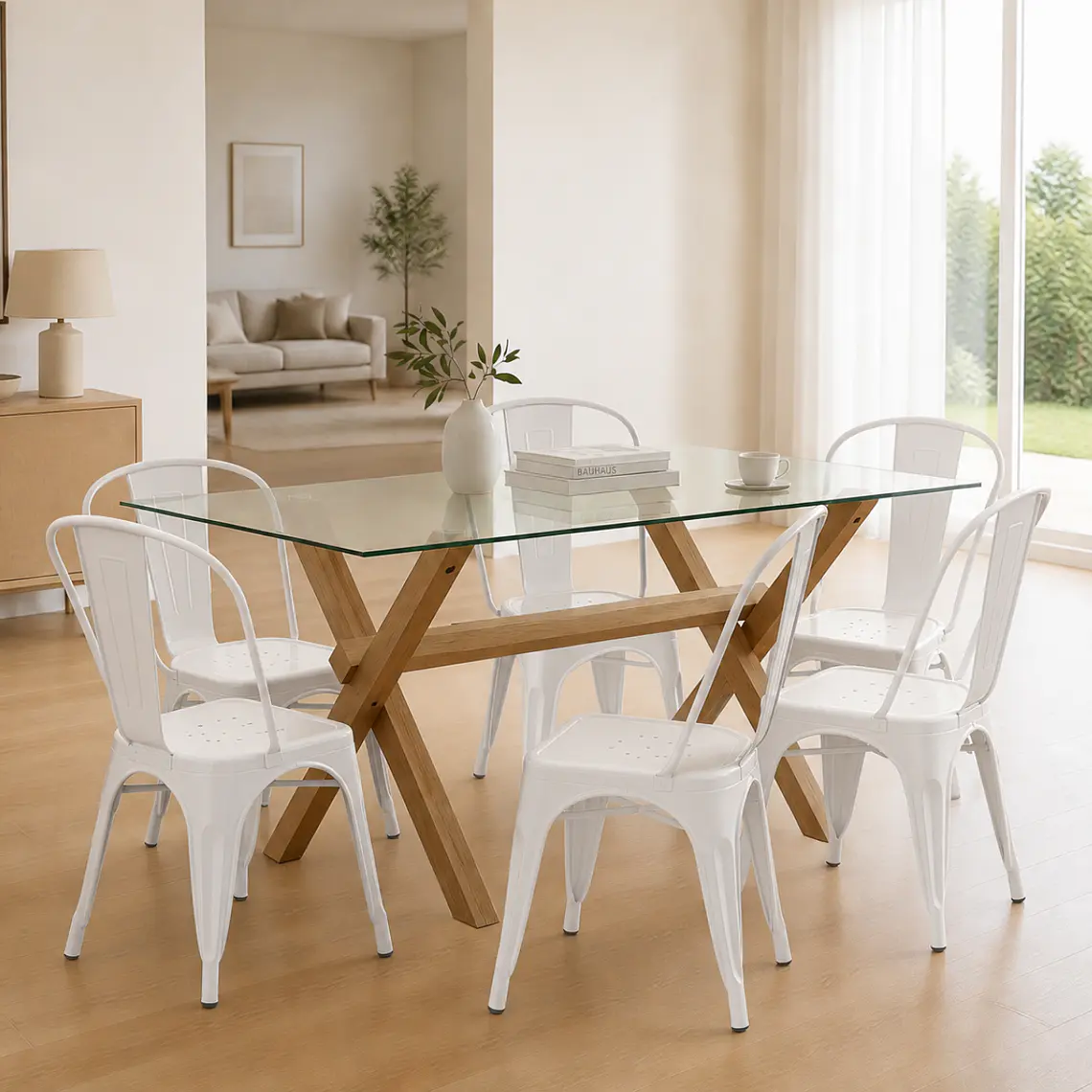 Comedor Mesa rectangular Medlock vidrio 140x90 cm con 6 Sillas Tolix  2