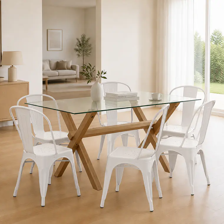 Comedor Mesa rectangular Medlock vidrio 140x90 cm con 6 Sillas Tolix  2