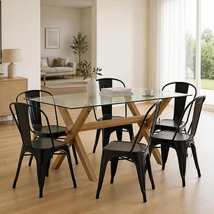 Comedor Mesa rectangular Medlock vidrio 140x90 cm con 6 Sillas Tolix 