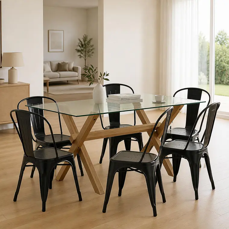 Comedor Mesa rectangular Medlock vidrio 140x90 cm con 6 Sillas Tolix  1