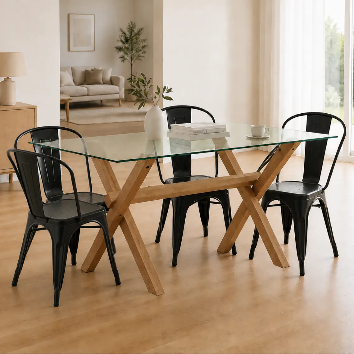 Comedor Mesa rectangular Medlock vidrio 140x90 cm con 4 Sillas Tolix 1