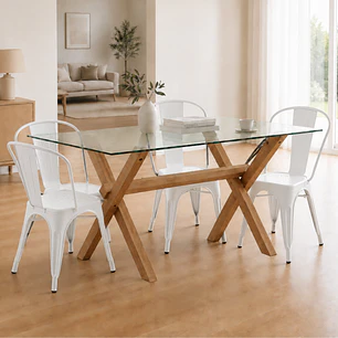 Comedor Mesa rectangular Medlock vidrio 140x90 cm con 4 Sillas Tolix
