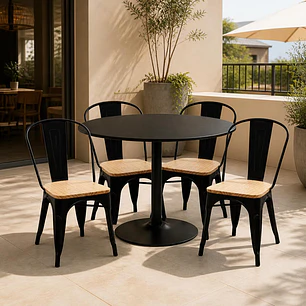 Comedor Mesa Reuniones Black redonda 100 cm con 4 Sillas Tolix con asiento madera clara