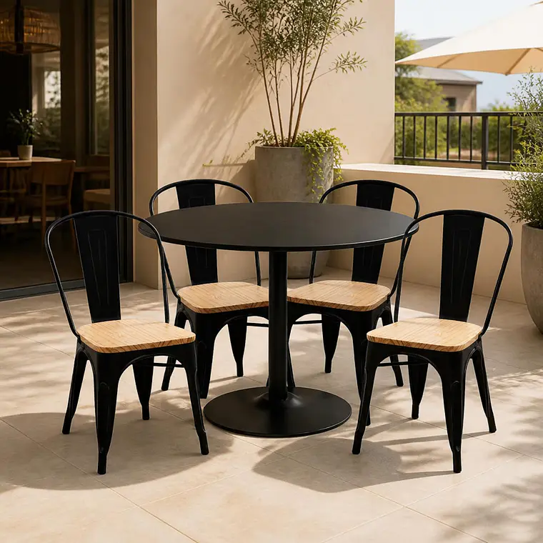 Comedor Mesa Reuniones Black redonda 100 cm con 4 Sillas Tolix con asiento madera clara 1