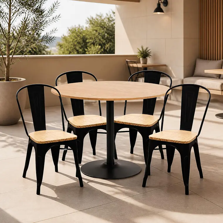 Comedor Mesa Reuniones Wood redonda 100 cm con 4 Sillas Tolix con asiento madera clara 1