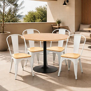 Comedor Mesa Reuniones Wood redonda 100 cm con 4 Sillas Tolix con asiento madera clara