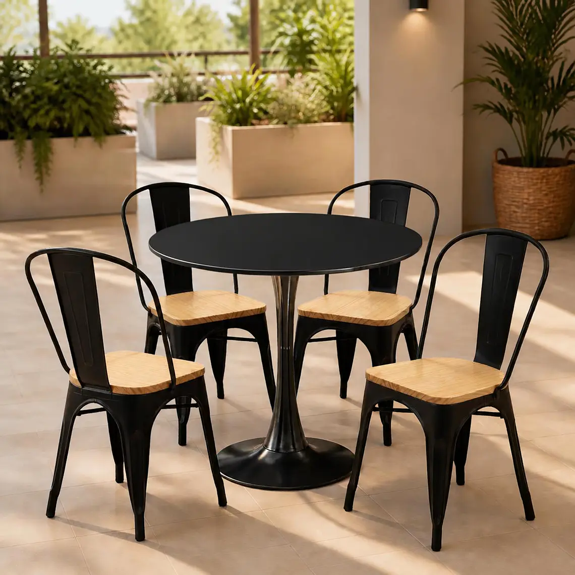 Comedor Mesa Tulip 80 cm con 4 Sillas Tolix con asiento madera clara 1