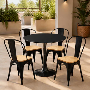 Comedor Mesa Tulip 80 cm con 4 Sillas Tolix con asiento madera clara