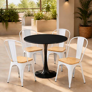 Comedor Mesa Tulip 100 cm con 4 Sillas Tolix con asiento madera clara