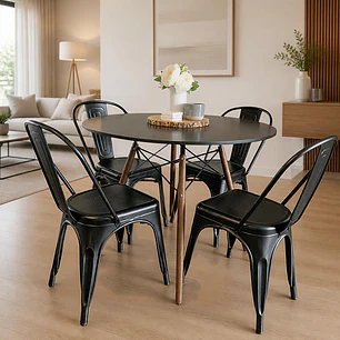 Comedor Mesa Eames redondo negro 80 cm con 4 Sillas Tolix negras