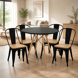 Comedor Mesa Redonda Eames Negra 80 cm con  4 Sillas Tolix asiento madera 