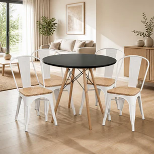 Comedor Mesa Redonda Eames Negra 100 cm con  4 Sillas Tolix asiento madera 