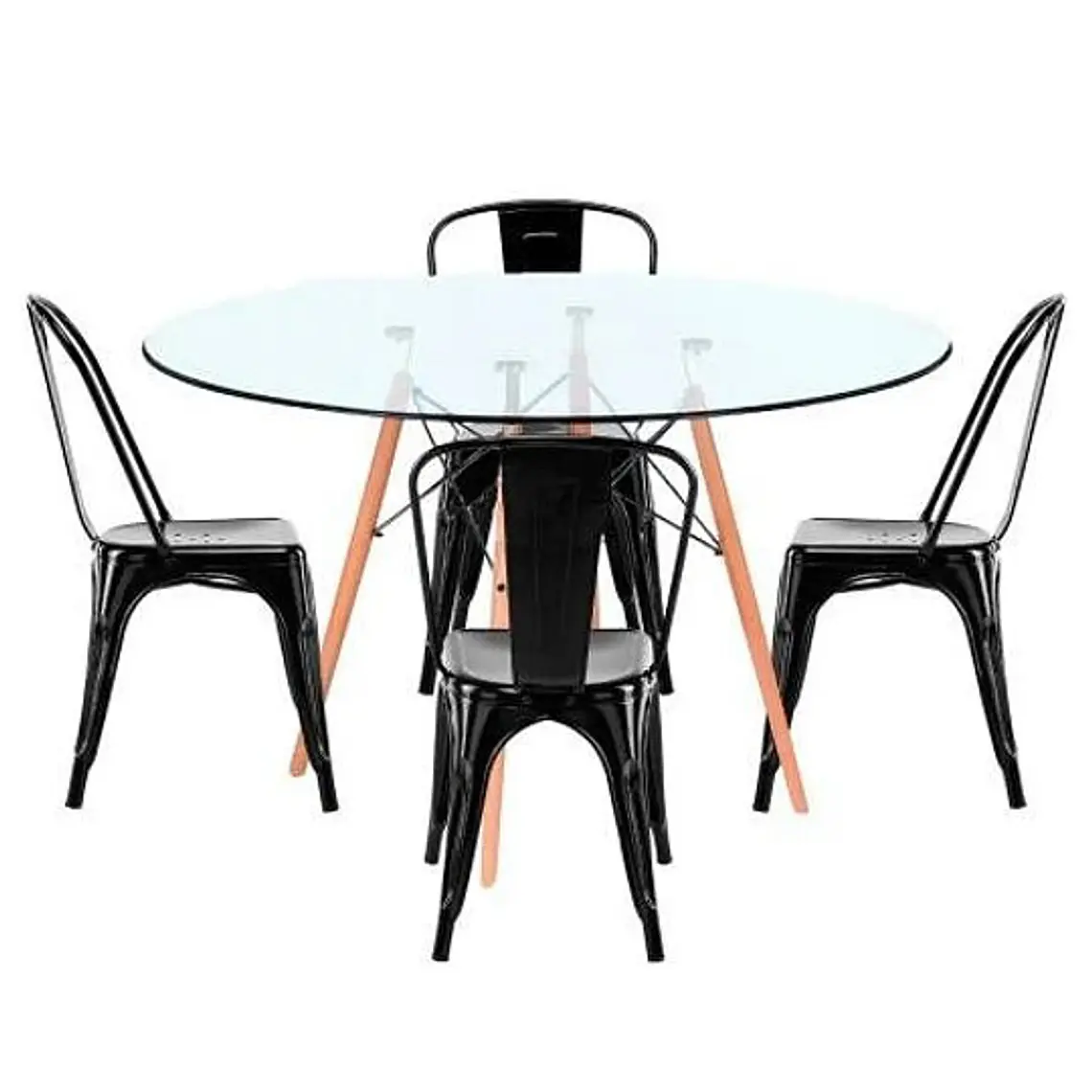 Comedor Mesa Eames redondo vidrio 80 cm con 4 Sillas Tolix 2