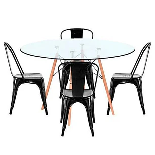Comedor Mesa Eames redondo vidrio 80 cm con 4 Sillas Tolix