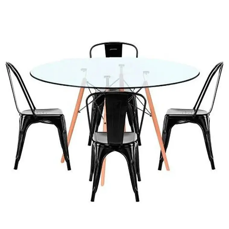 Comedor Mesa Eames redondo vidrio 120 cm con 4 Sillas Tolix 2