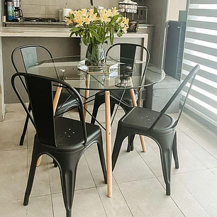 Comedor Mesa Eames redondo vidrio 120 cm con 4 Sillas Tolix