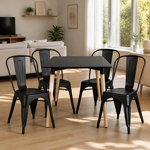 Comedor Mesa Eames Cuadrada Negra 80x80 cm con 4 Sillas Tolix Negras