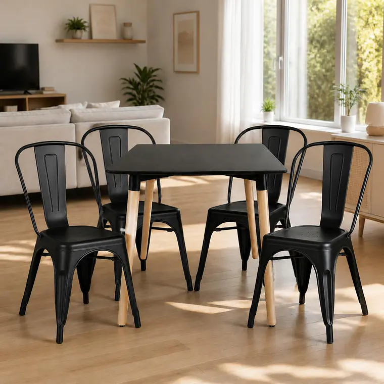 Comedor Mesa Eames Cuadrada Negra 80x80 cm con 4 Sillas Tolix Negras 1