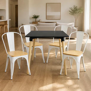 Comedor Mesa Eames Cuadrada Negra 80x80 cm con 4 Sillas Tolix asiento madera