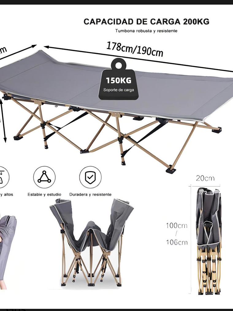Cama Portátil CATRE ( Playa, Piscina, Camping Plegable + Bolsa Color Gris) 3