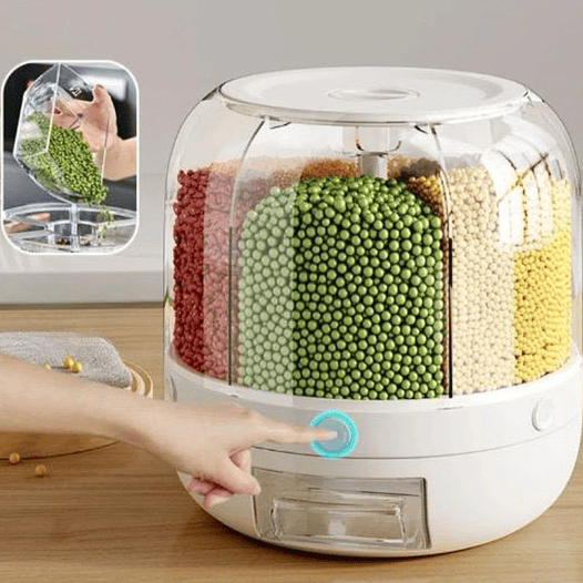 Dispensador de granos giratorio de 360°, dispensador de alimentos secos con tapa 1