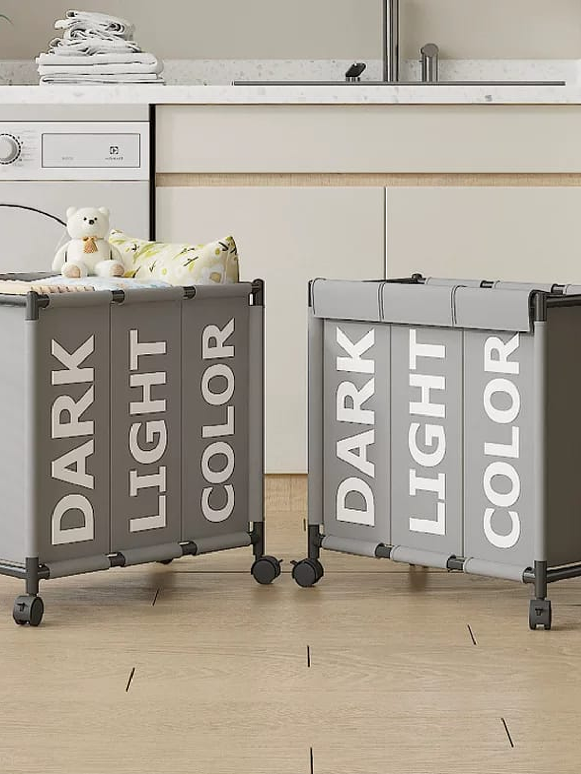 Canasto De Ropa 3 Compartimiento Con Ruedas Colores Variados 4