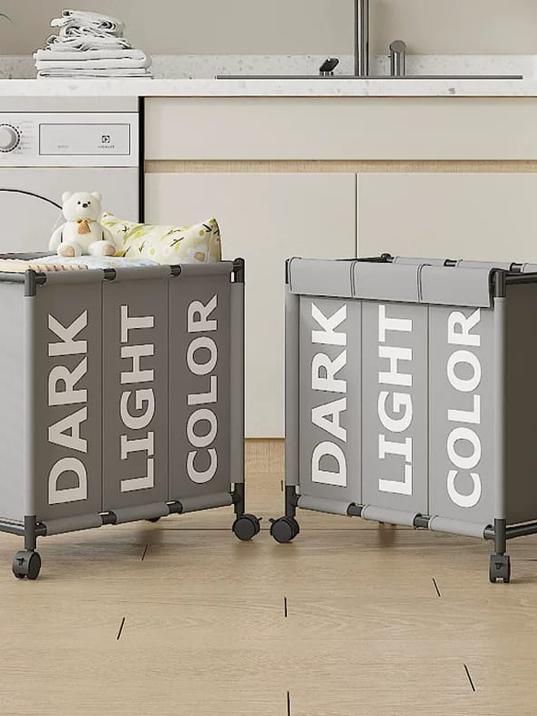 Canasto De Ropa 3 Compartimiento Con Ruedas Colores Variados 4
