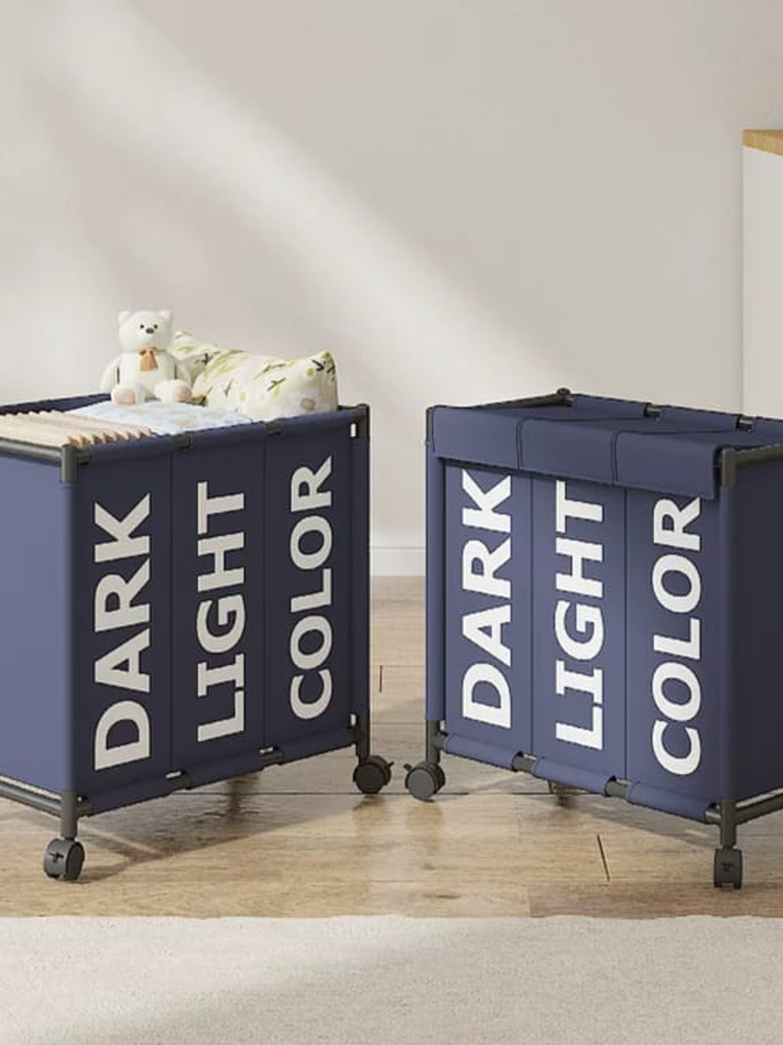 Canasto De Ropa 3 Compartimiento Con Ruedas Colores Variados 2
