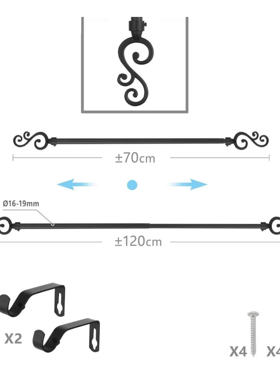 Barra De Cortina Negra de Rama Extensible 70-120 Cm 4